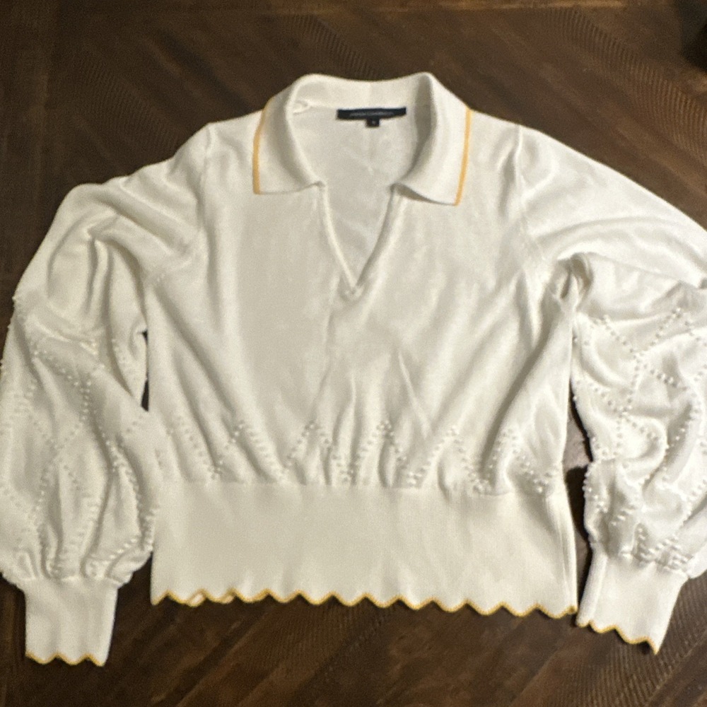 French Connection Womens Pullover Sweater White Yellow Scalloped Trim Cropped S